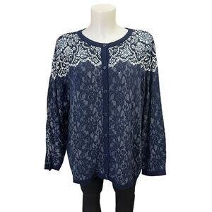 Bob Mackie Wearable Art Blue White Floral‎ Lace Cardigan Sweater Womens 1X